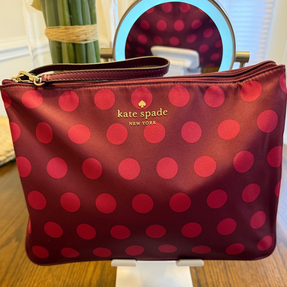 Kate Spade Burgundy and pink  Polka Dot Cosmetic Bag - wristlet..